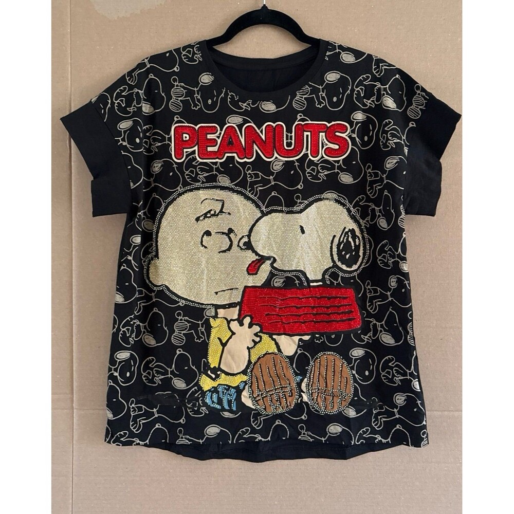 Peanuts Charley Brown Snoopy t-shirt rhinestone stone top size S/M oversized - Picture 3 of 5